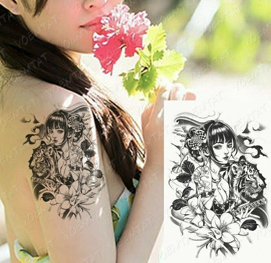 Japanese Temporary Tattoo Girl Tiger Katana Tattoos Fake Sticker Women Mens Arm