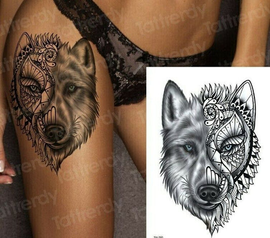 Detailed Wolf Temporary Tattoo Sticker Womens Arm Leg Mens Tribal Back Tattoos