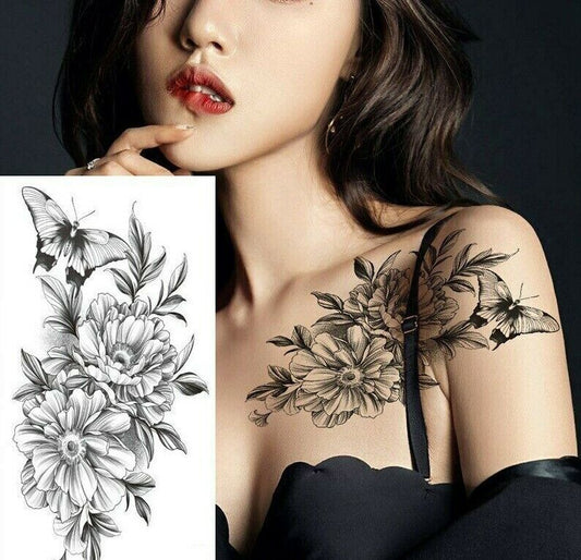 Womens Butterfly Flowers Temporary Tattoo Butterflies Arm Leg Thigh Chest