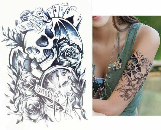 Skull Roses Mens Womens Temporary Tattoo Sleeve Sticker Fake Tattoos Waterproof