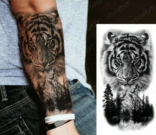 Tiger & Mountain Landscape Temporary Tattoo Fake Sticker Womens Mens Arm Leg