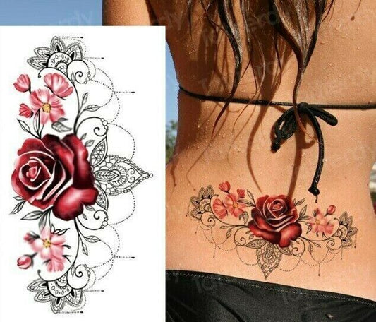 Chest Underboob Red Rose Womens Temporary Tattoo Fake Sticker Tattoos Leg Back