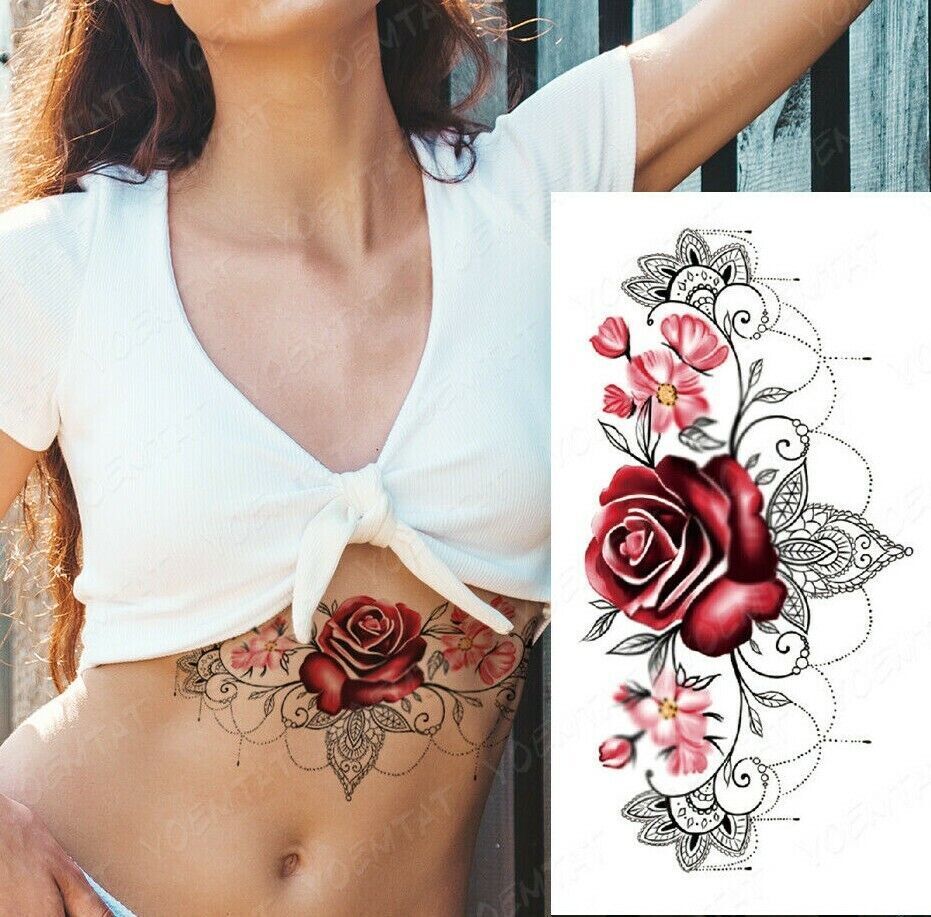 Chest Underboob Temporary Tattoo Red Rose Womens Fake Sticker Tattoos Leg Back