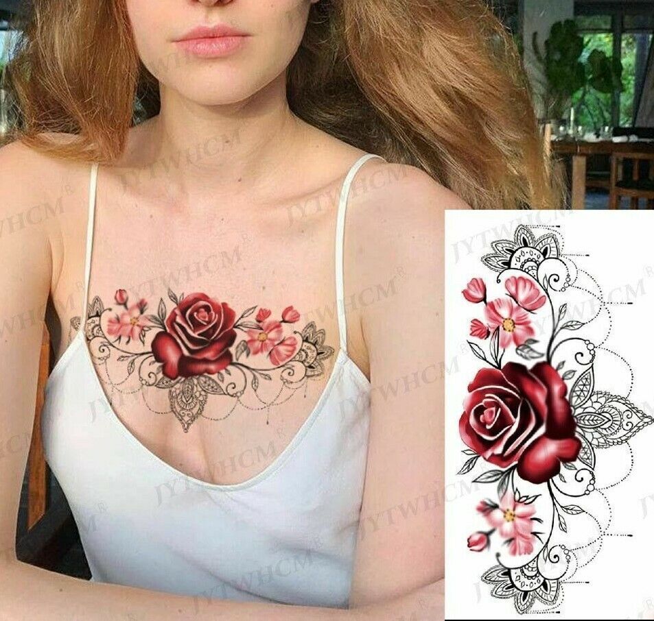 Chest Underboob Temporary Tattoo Red Rose Womens Fake Sticker Tattoos Leg Back