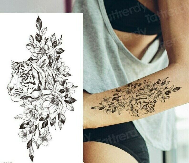 Tiger Flowers Womens Temporary Tattoo Fake Girls Arm Leg Back Animal tattoos