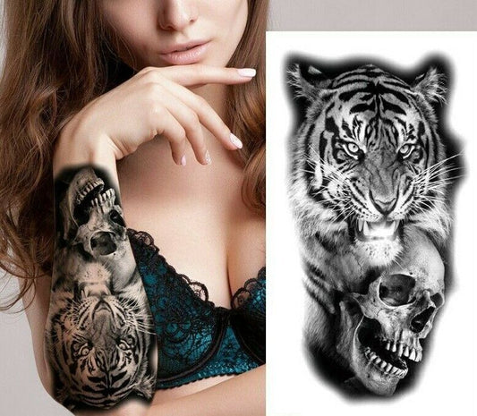 Tiger with Skull Temporary Tattoo Fake Sticker Waterproof Womens Mens Arm Leg