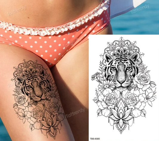 Tiger Flowers Temporary Tattoo Womens Tattoos Arm Leg Thigh Sleeve Fake Sticker