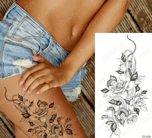 Snake Flowers Womens Temporary Tattoo Leg Thigh Chest Sexy Fake Sticker Arm