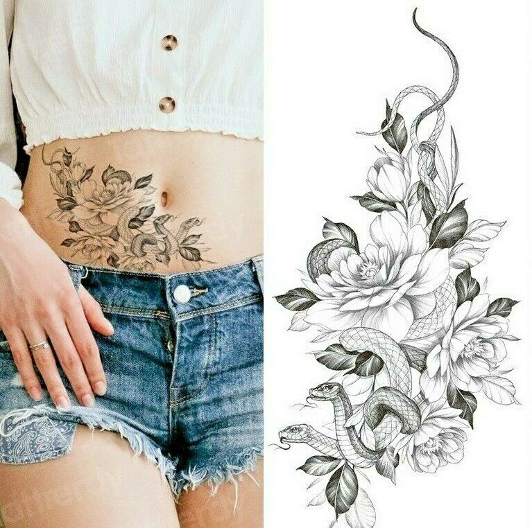 Snake Flowers Womens Temporary Tattoo Leg Thigh Chest Sexy Fake Sticker Arm