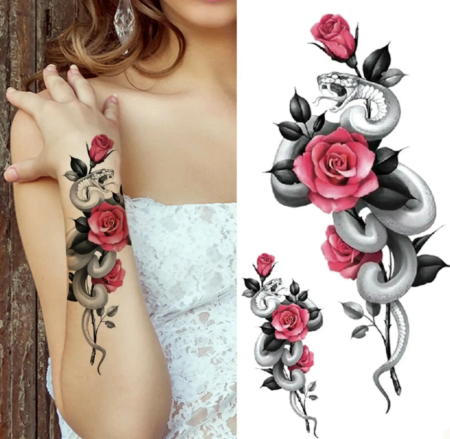 Snake Red Roses Temporary Tattoo Arm Leg Thigh Chest Fake Sticker Womens Mens