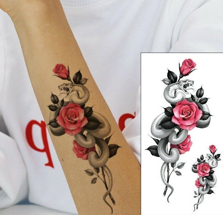 Snake Red Roses Temporary Tattoo Arm Leg Thigh Chest Fake Sticker Womens Mens