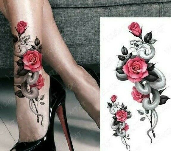 Snake Red Roses Temporary Tattoo Arm Leg Thigh Chest Fake Sticker Womens Mens