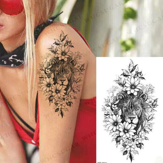 Lion Lioness in Flowers Temporary Tattoo Fake Sticker Women Arm Leg Thigh Sleeve