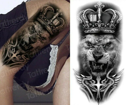 Lion Crown Mens Temporary Tattoo Fake Sticker Women Arm Leg Thigh waterproof