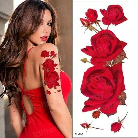 Sexy Red Roses Temporary Tattoo Waterproof Flower Womens Tattoos Fake Sticker