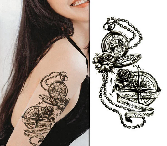 Pocket Watch Compass Flowers Temporary Tattoo Waterproof Womens Fake Sticker