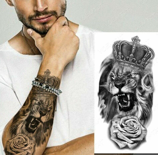 King Lion & Rose Sleeve Temporary Tattoo Fake Sticker Arm Body Thigh Women Mens