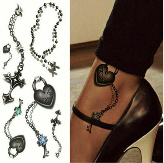 Love Heart Cross, Rosary Beads Lock & Key Temporary Tattoos Women Fake Sticker