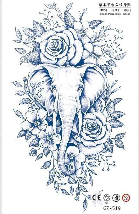 Flowers Elephant SEMI PERMANENT Temporary Tattoo Natural Long Lasting Womens