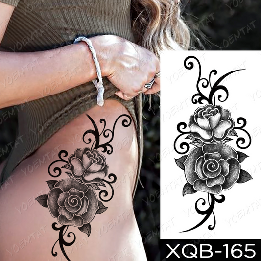 Tribal Black Rose Waterproof Womens Temporary Tattoo Fake Body Thigh Leg Arm