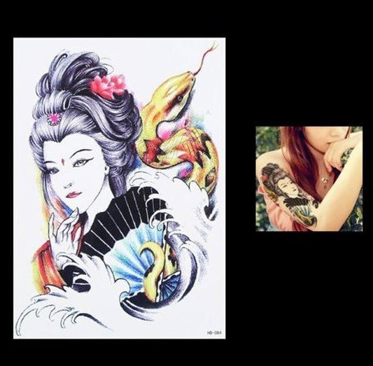 Japanese Temporary Tattoo Geisha Girl Snake Waterproof Fake Sticker Women Mens