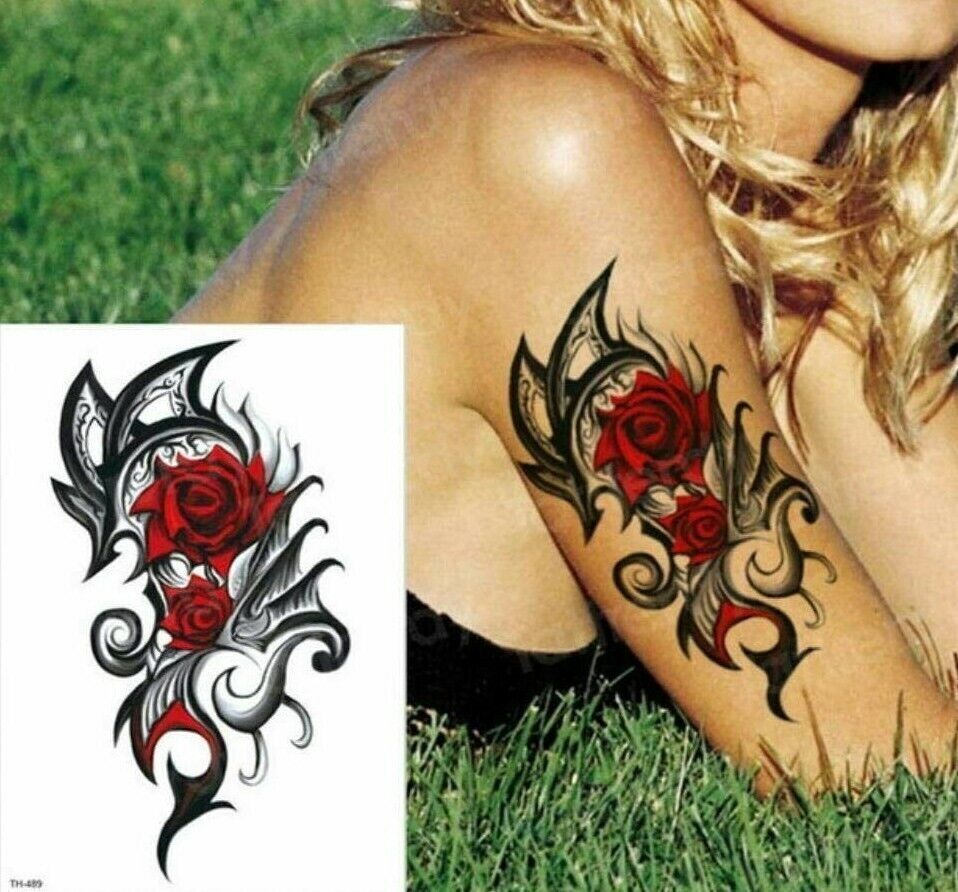 Red Rose Flower Half Arm Temporary Transfer Tattoo Sleeve Women Mens Tribal Leg