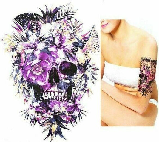 Skull Parrot Flowers Temporary Tattoo Sleeve Women Mens Bird Purple tattoos