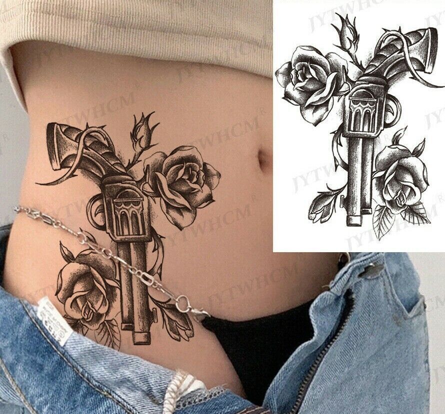 Sexy Gun Rose Temporary Tattoo Transfer Men Women Arm Leg Press on Pistop Hip