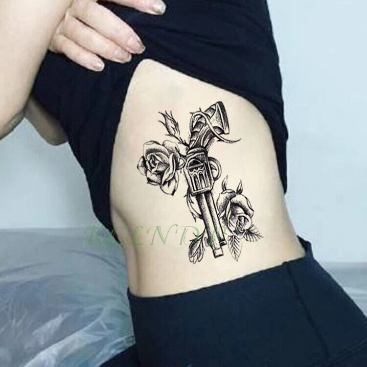 Sexy Gun Rose Temporary Tattoo Transfer Men Women Arm Leg Press on Pistop Hip