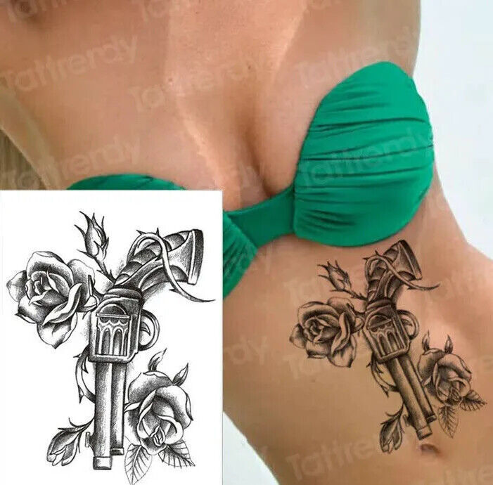 Sexy Gun Rose Temporary Tattoo Transfer Men Women Arm Leg Press on Pistop Hip