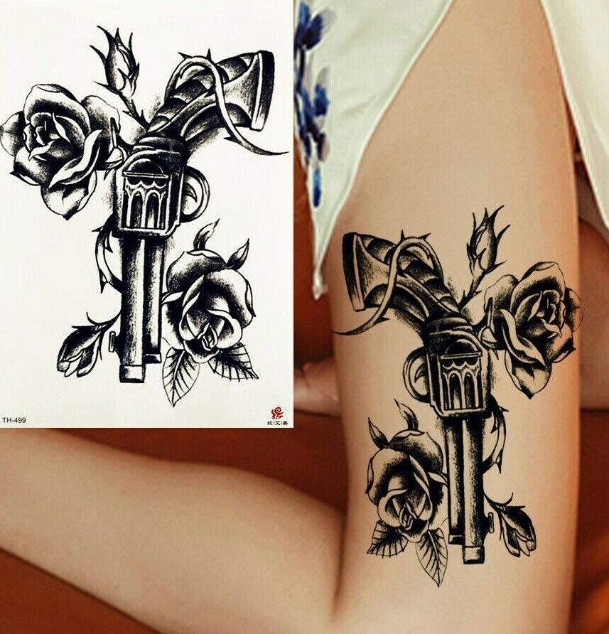 Sexy Gun Rose Temporary Tattoo Transfer Men Women Arm Leg Press on Pistop Hip