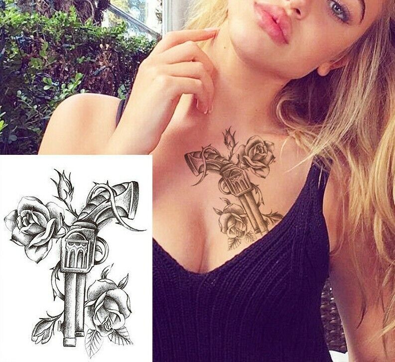 Sexy Gun Rose Temporary Tattoo Transfer Men Women Arm Leg Press on Pistop Hip