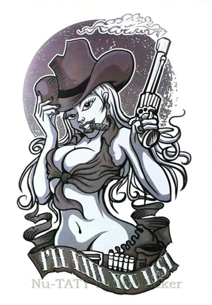 Sexy CowGirl Cowboy Gun Temporary Tattoo Sleeve Womens Mens tattoos Waterproof