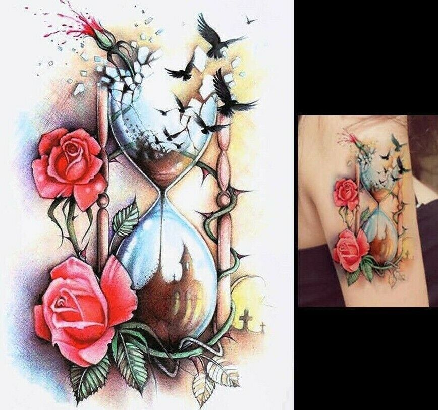 Hourglass Roses Birds Temporary Tattoo Waterproof Womens Fake Sticker Tattoos