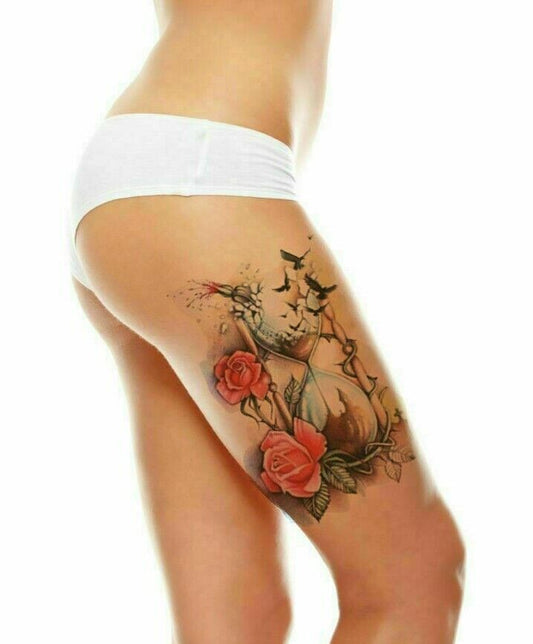 Hourglass Roses Birds Temporary Tattoo Waterproof Womens Fake Sticker Tattoos