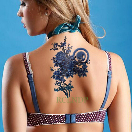 Birds Flowers Temporary Waterproof Tattoos Blue Oriental Womens Fake Sticker Arm