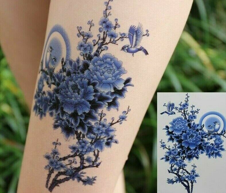 Birds Flowers Temporary Waterproof Tattoos Blue Oriental Womens Fake Sticker Arm