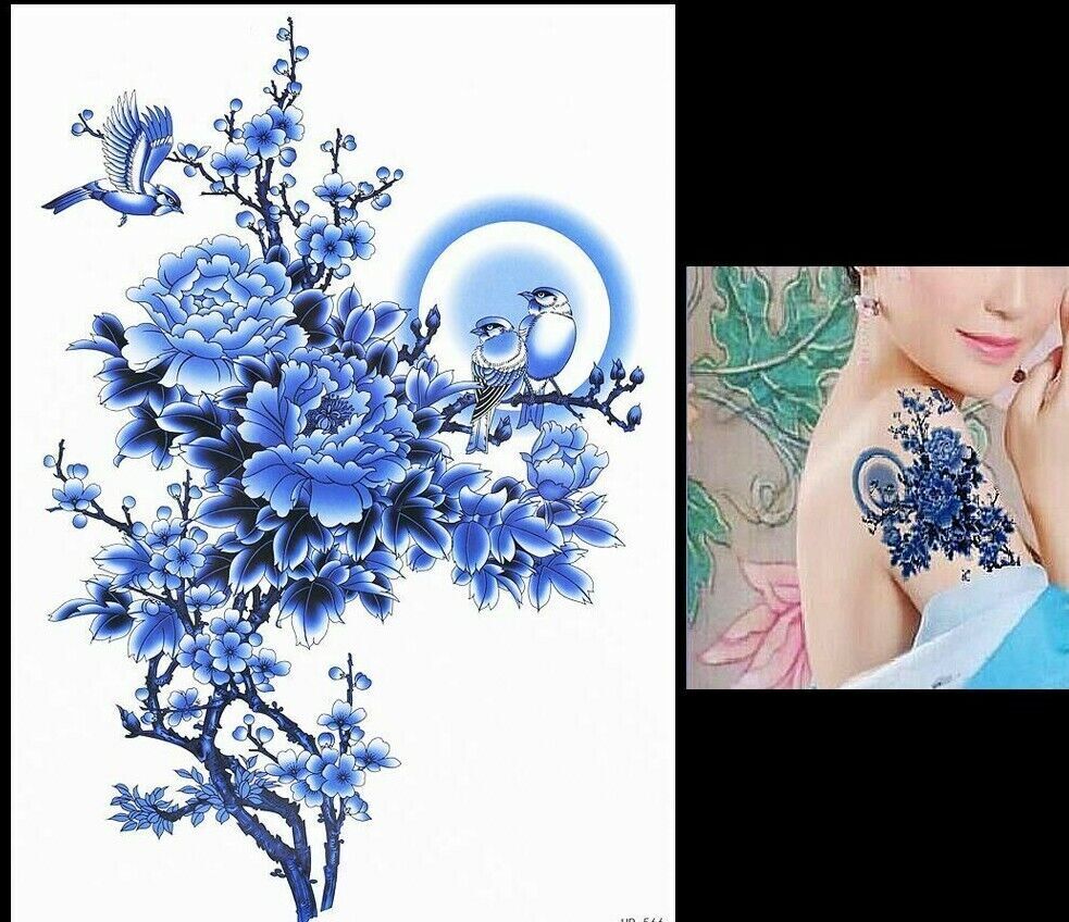 Birds Flowers Temporary Waterproof Tattoos Blue Oriental Womens Fake Sticker Arm