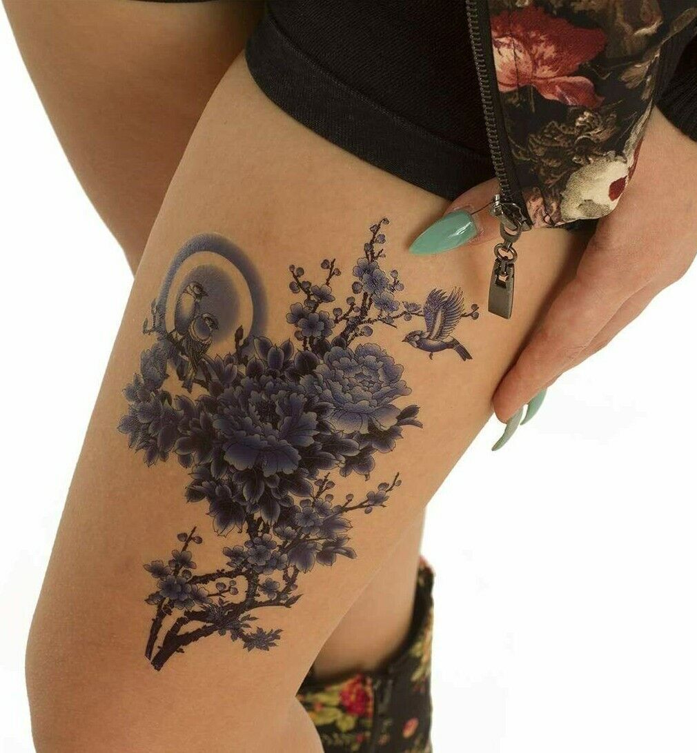 Birds Flowers Temporary Waterproof Tattoos Blue Oriental Womens Fake Sticker Arm