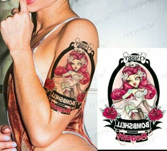 Sexy Cherry Bomb Shell Girl Temporary Tattoos Women Mens Fake Sticker Sleeve