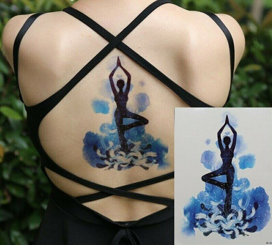 Spiritual Healing Yoga Meditation Temporary Press on Tattoo Womens Blue Feathers