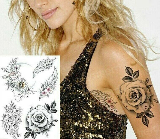 Sexy Collection Roses Flowers Feathers Temporary Tattoo Womens Fake Tattoos UK