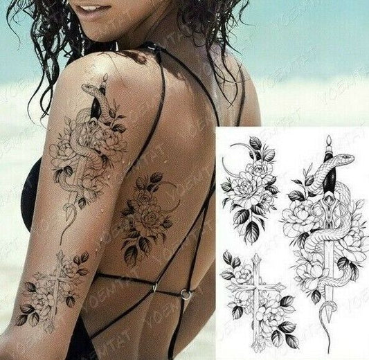 Snake Flowers Temporary Tattoos Waterproof Sleeve Womens Fake Leg Arm tattoo