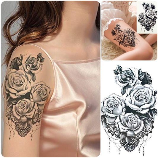 Black Lace Rose Temporary Tattoos Womens Waterproof tattoo Fake Sticker Sexy