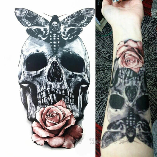 Moth Skull Rose Temporary Tattoos Sleeve Women Mens Fake waterproof tattoo