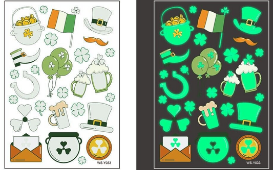 St Patricks Day Glow in the Dark Temporary Tattoos Irish Flag Clover accessory