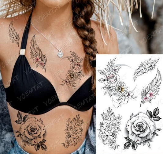 Roses Flowers Feathers Temporary Tattoos Womens Tattoo Fake Waterproof Sticker