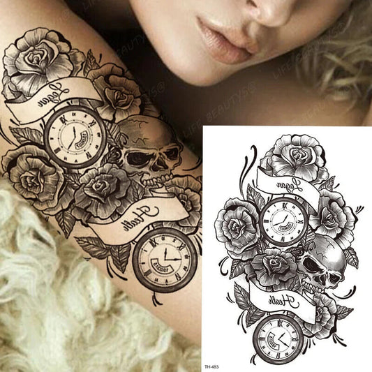 Sexy Roses Skulls Watch Temporary Tattoos Sticker Womens Fake Arm Sleeve Leg