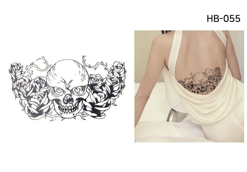 Black Skull Temporary Tattoos Waterproof Neck Sleeve Women Mens Chest Back