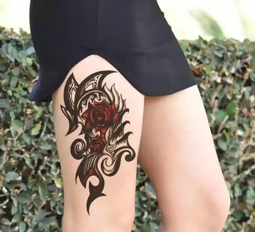 Red Rose Flower Half Arm Temporary Transfer Tattoo Sleeve Women Mens Tribal Leg